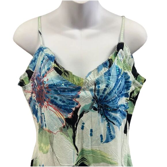 Chaudry Dress Womens Small Runs Big Blue Floral Sequin Tiered Sleeveless Midi - Picture 2 of 12
